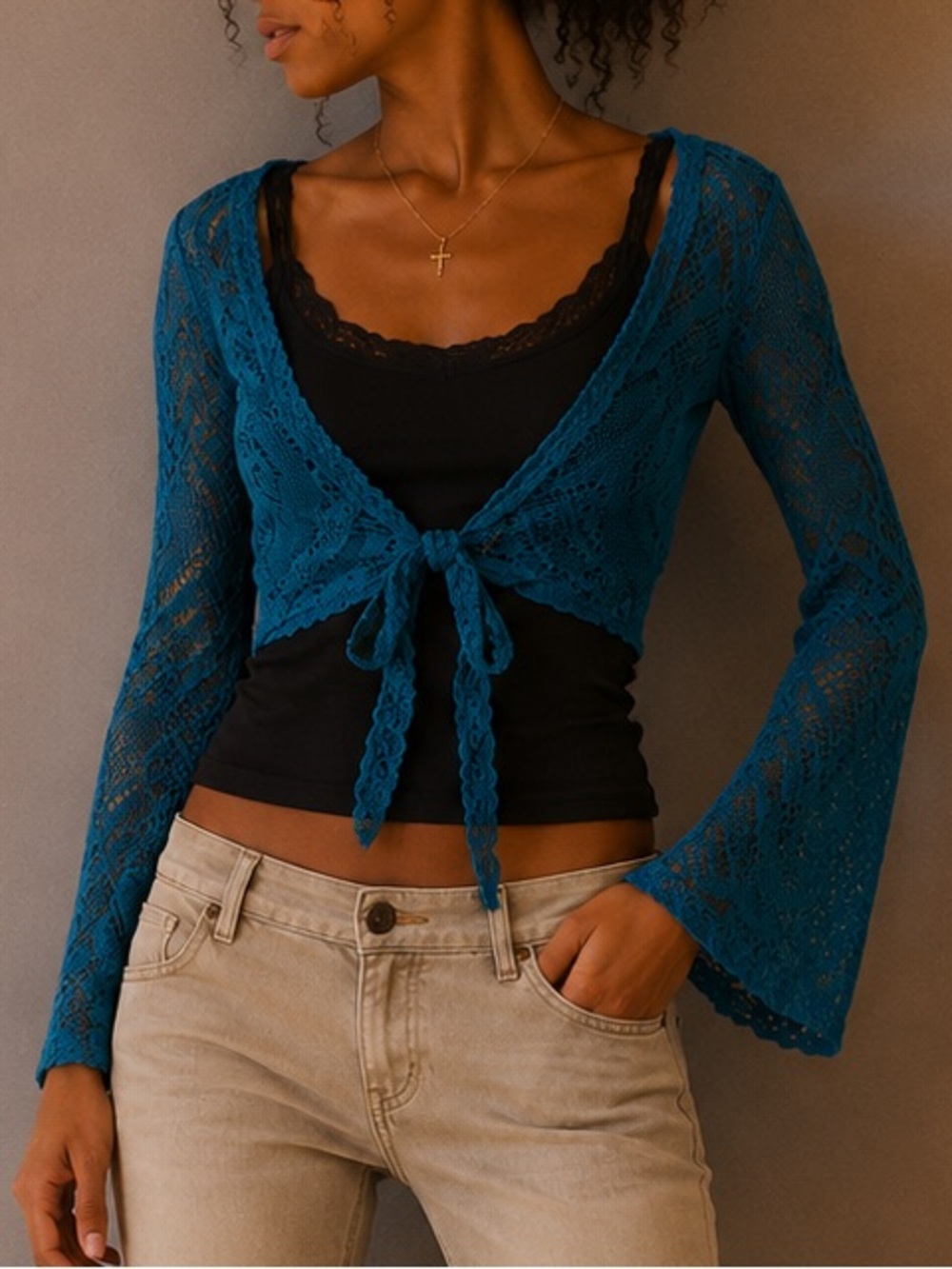 Vintage FWR USA Turquoise Tie Front Cardigan